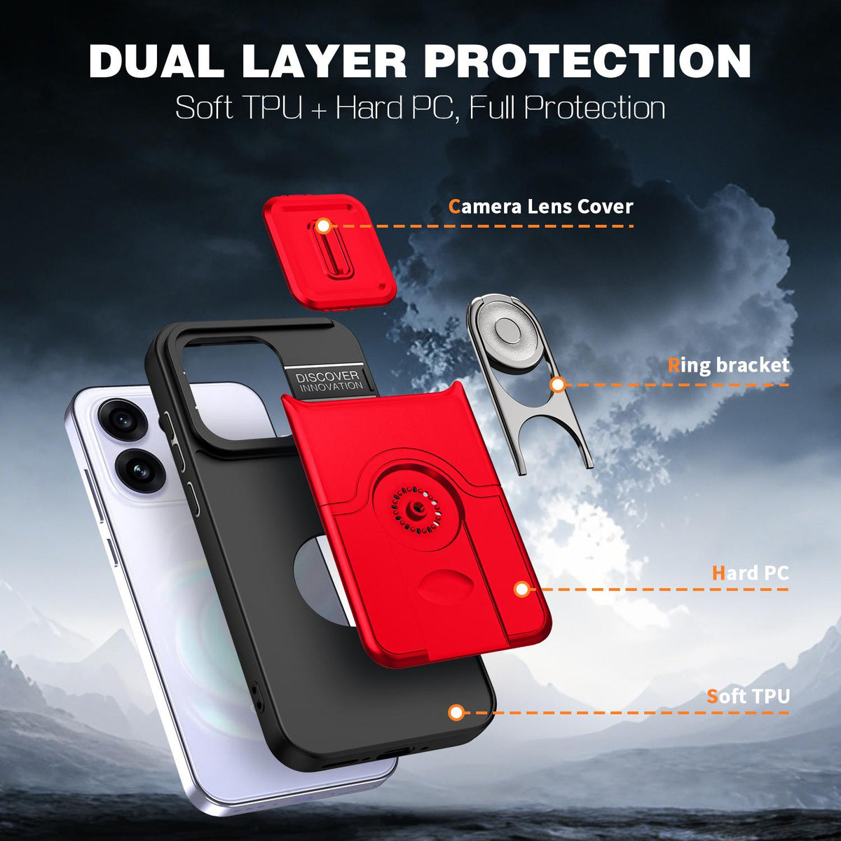 For OPPO Reno16 5G Global Sliding Camera Cover 2 in 1 Rotating Holder Air Bag Shockproof Phone Case - Red - EDA009696106D