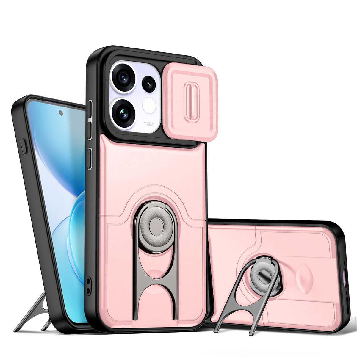 For OPPO Reno16 5G Global Sliding Camera Cover 2 in 1 Rotating Holder Air Bag Shockproof Phone Case - Pink - EDA009696106E