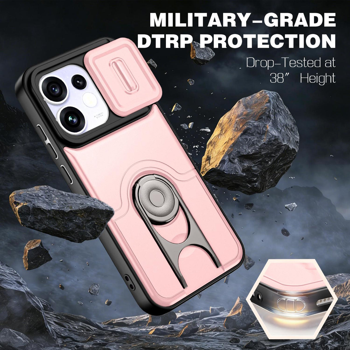 For OPPO Reno16 5G Global Sliding Camera Cover 2 in 1 Rotating Holder Air Bag Shockproof Phone Case - Pink - EDA009696106E
