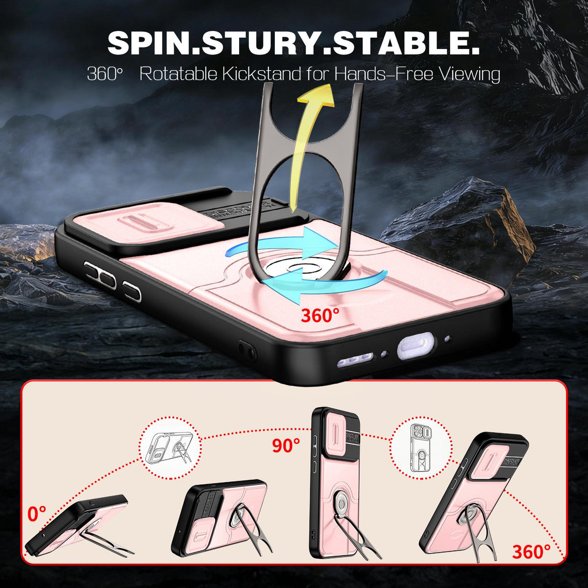 For OPPO Reno16 5G Global Sliding Camera Cover 2 in 1 Rotating Holder Air Bag Shockproof Phone Case - Pink - EDA009696106E