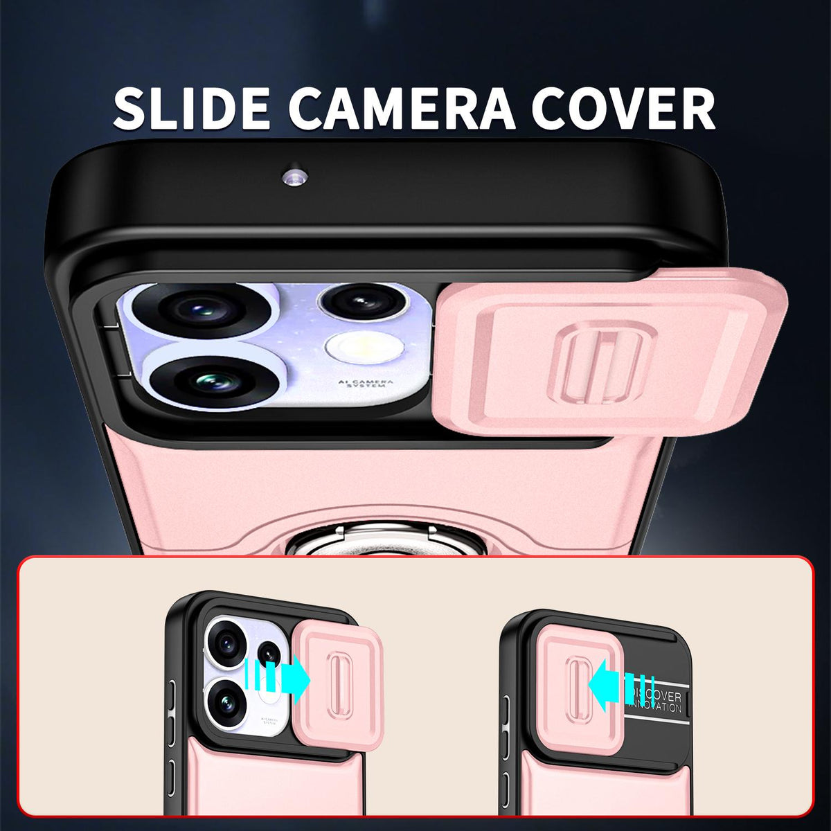 For OPPO Reno16 5G Global Sliding Camera Cover 2 in 1 Rotating Holder Air Bag Shockproof Phone Case - Pink - EDA009696106E