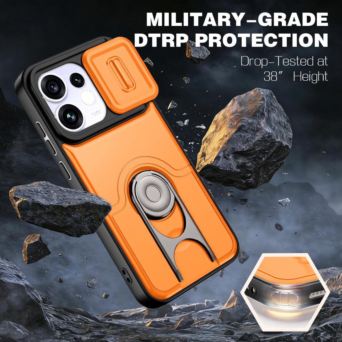 For OPPO Reno16 5G Global Sliding Camera Cover 2 in 1 Rotating Holder Air Bag Shockproof Phone Case - Orange - EDA009696106F