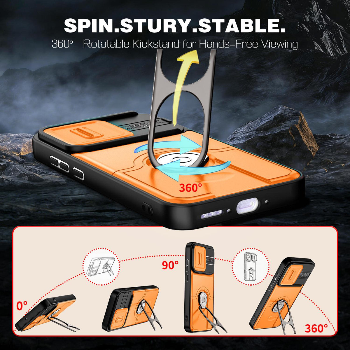 For OPPO Reno16 5G Global Sliding Camera Cover 2 in 1 Rotating Holder Air Bag Shockproof Phone Case - Orange - EDA009696106F