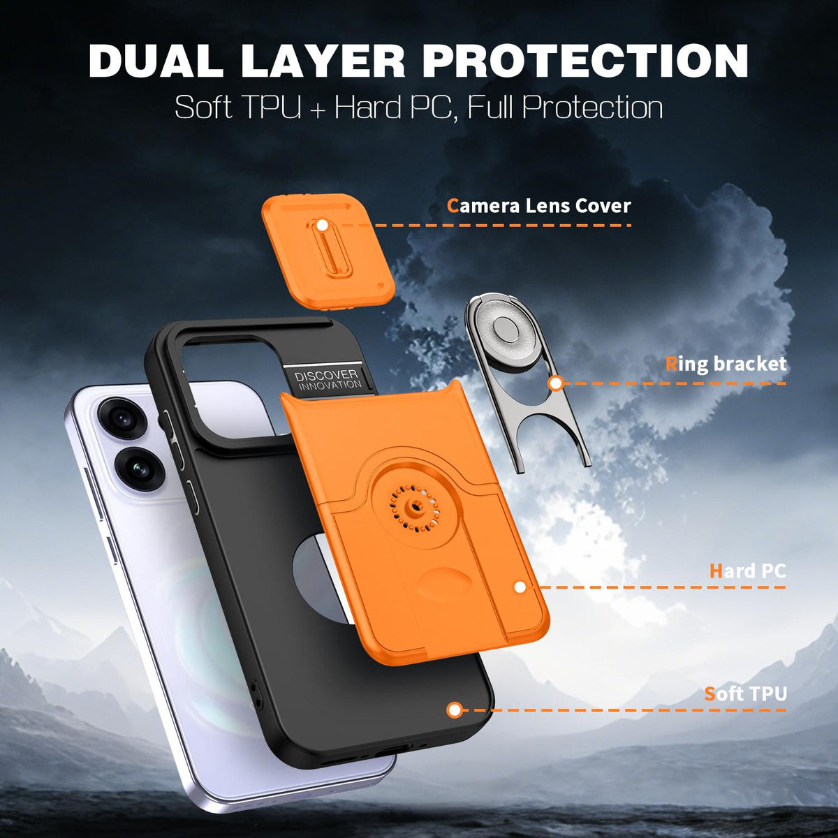 For OPPO Reno16 5G Global Sliding Camera Cover 2 in 1 Rotating Holder Air Bag Shockproof Phone Case - Orange - EDA009696106F