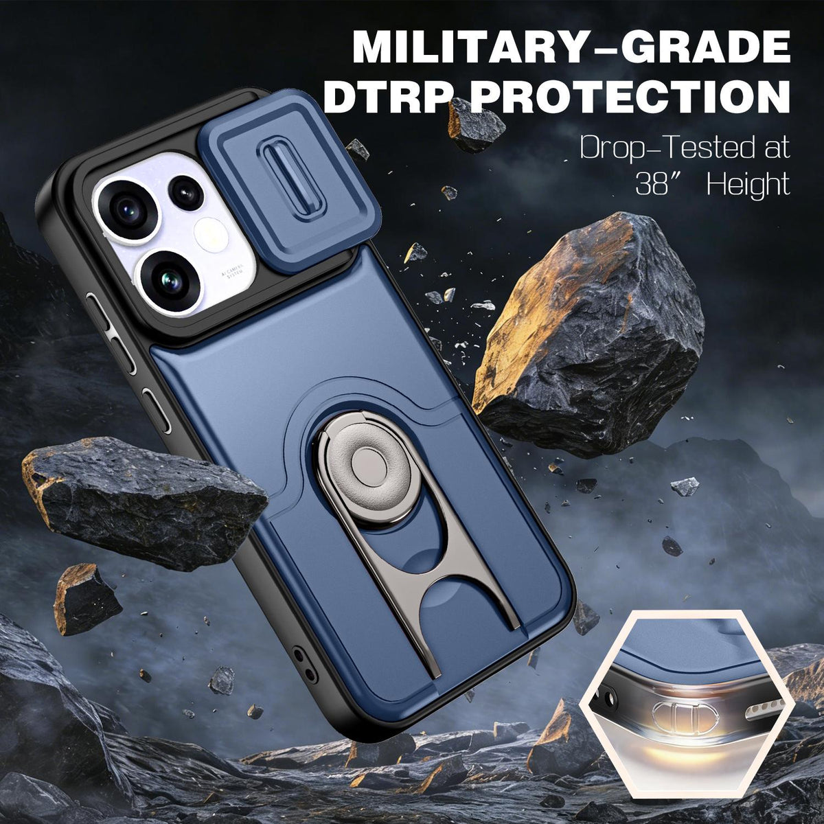 For OPPO Reno16 5G Global Sliding Camera Cover 2 in 1 Rotating Holder Air Bag Shockproof Phone Case - Blue - EDA009696106G