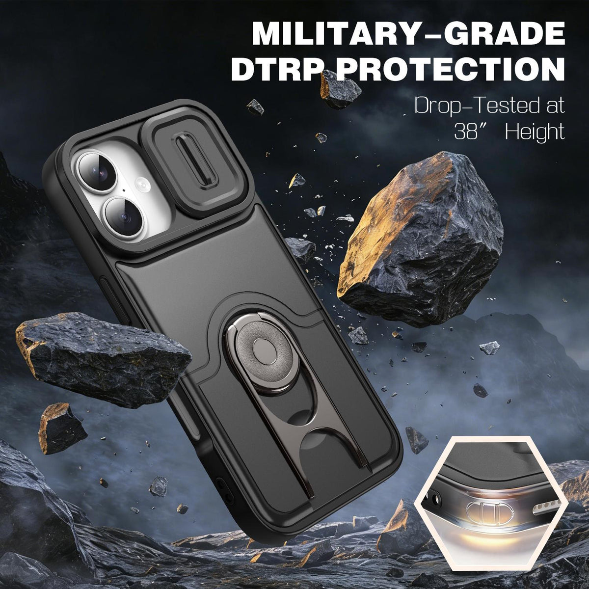 For iPhone 17 Sliding Camera Cover 2 in 1 Rotating Holder Air Bag Shockproof Phone Case - Black - EDA009696501B