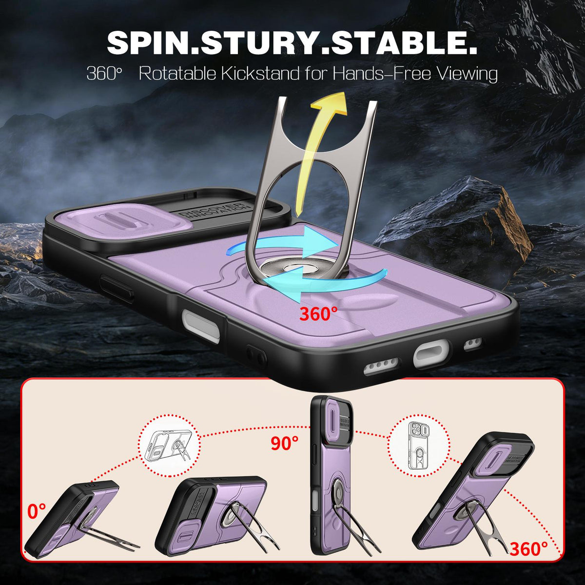 For iPhone 17 Sliding Camera Cover 2 in 1 Rotating Holder Air Bag Shockproof Phone Case - Purple - EDA009696501C