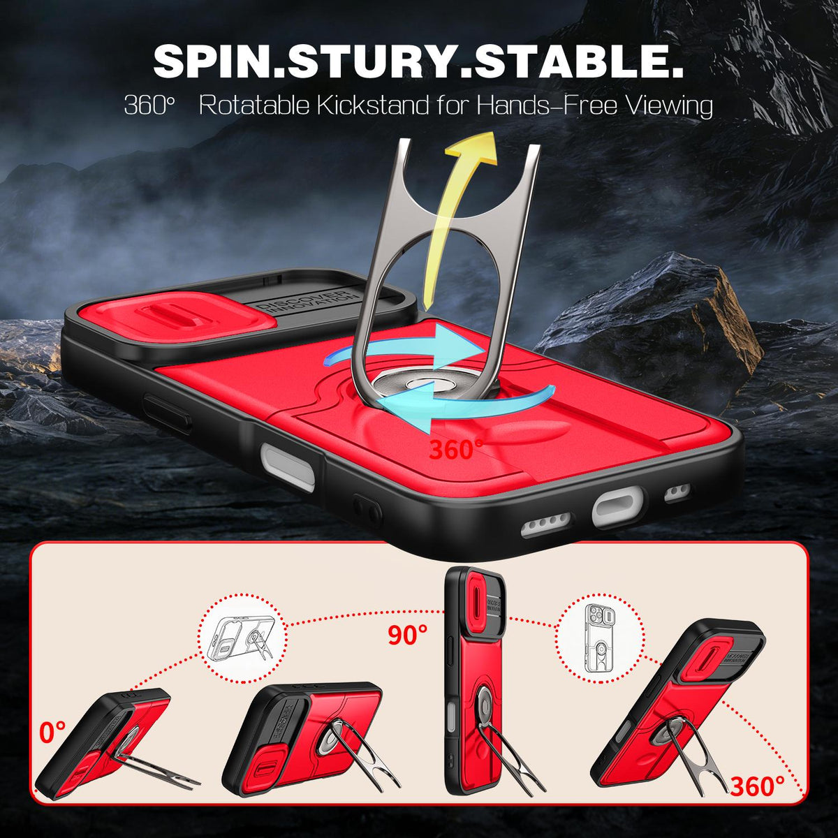For iPhone 17 Sliding Camera Cover 2 in 1 Rotating Holder Air Bag Shockproof Phone Case - Red - EDA009696501D