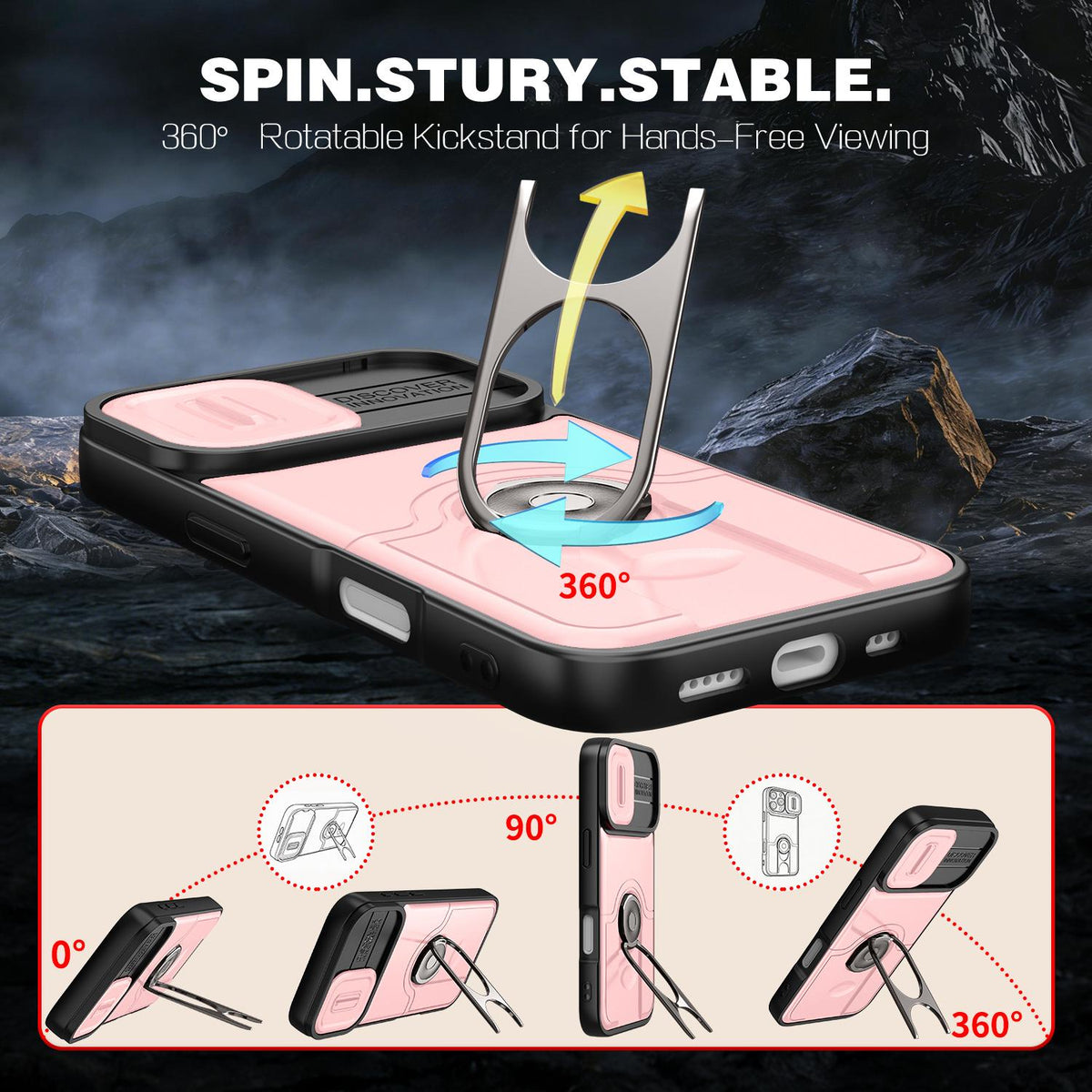 For iPhone 17 Sliding Camera Cover 2 in 1 Rotating Holder Air Bag Shockproof Phone Case - Pink - EDA009696501E