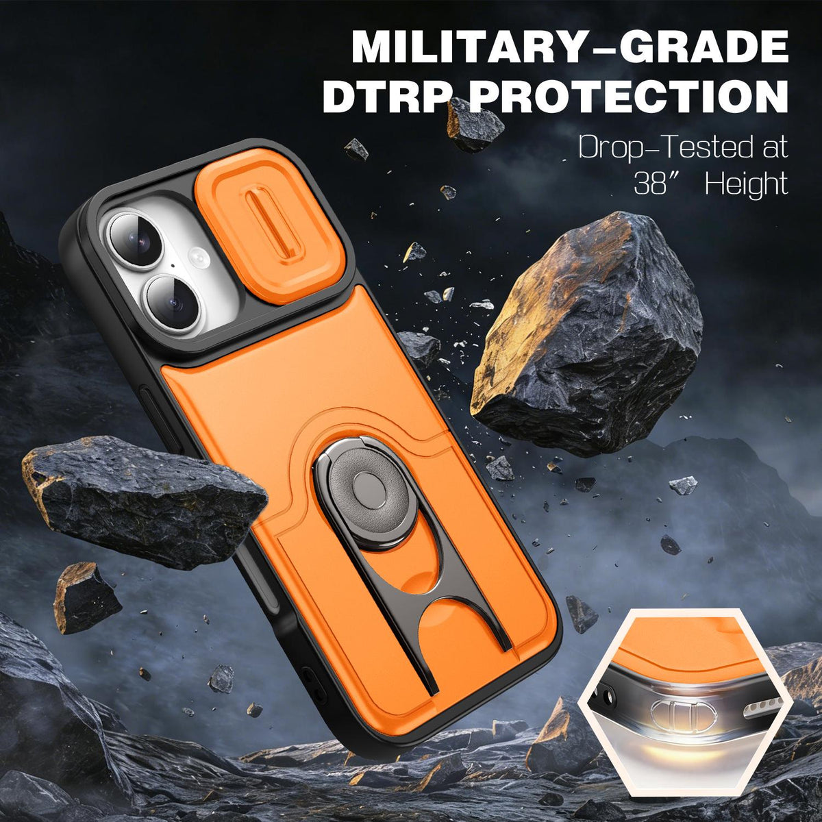 For iPhone 17 Sliding Camera Cover 2 in 1 Rotating Holder Air Bag Shockproof Phone Case - Orange - EDA009696501F