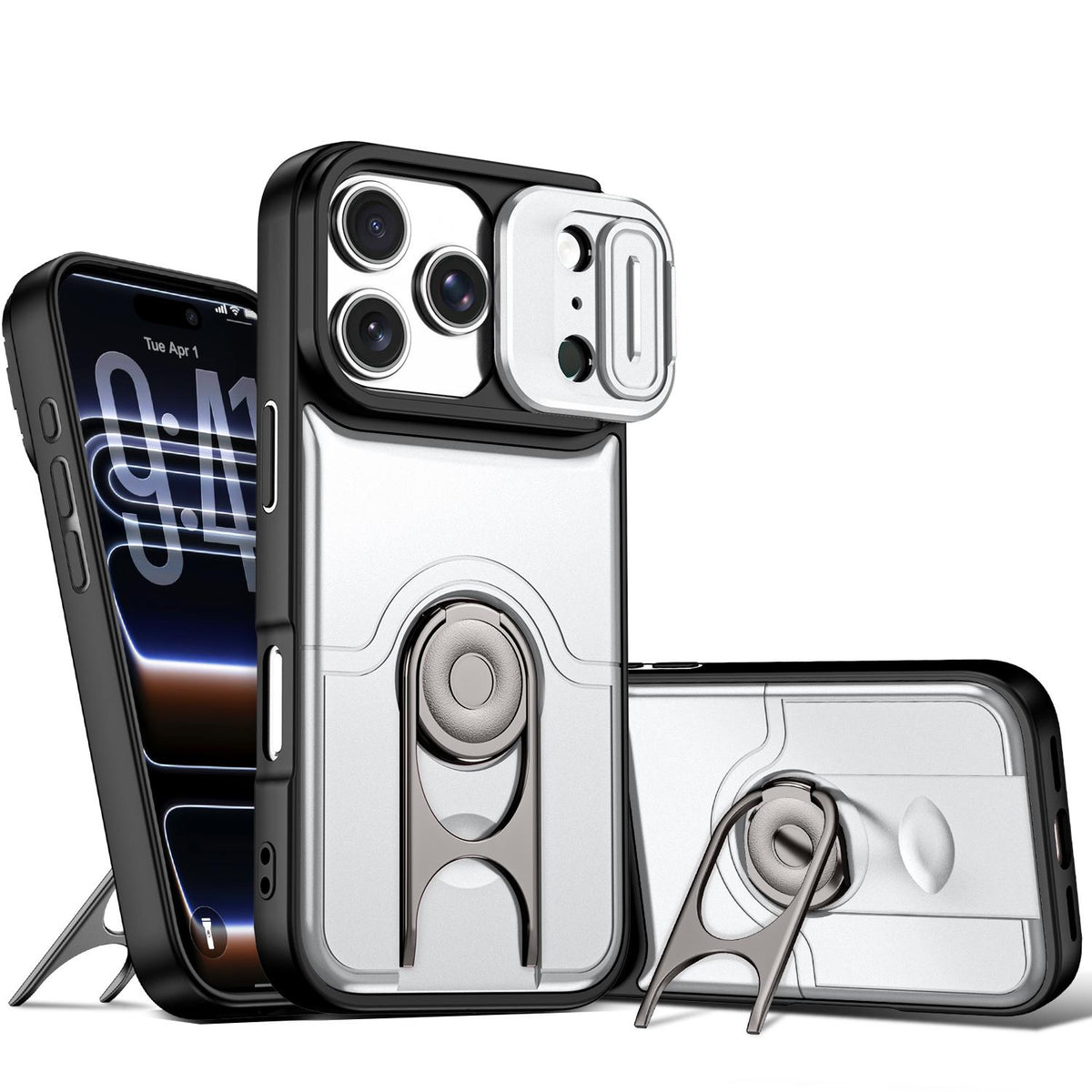 For iPhone 17 Pro Sliding Camera Cover 2 in 1 Rotating Holder Air Bag Shockproof Phone Case - Silvery - EDA009696502A