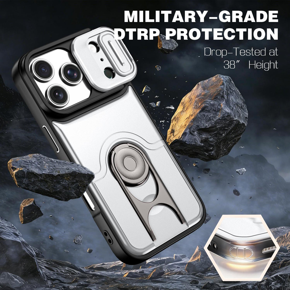 For iPhone 17 Pro Sliding Camera Cover 2 in 1 Rotating Holder Air Bag Shockproof Phone Case - Silvery - EDA009696502A