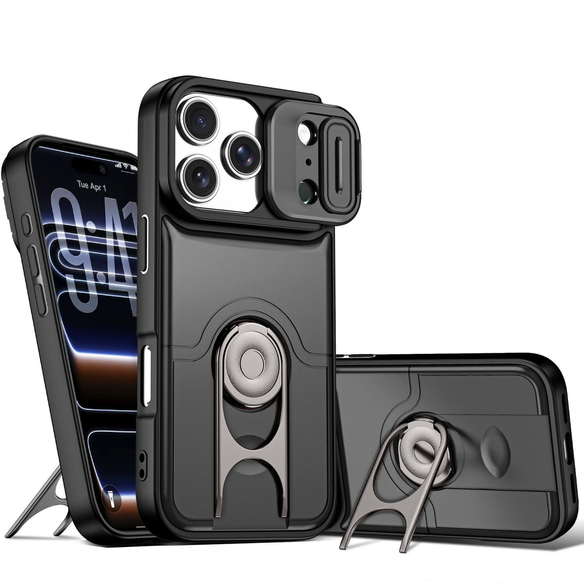 For iPhone 17 Pro Sliding Camera Cover 2 in 1 Rotating Holder Air Bag Shockproof Phone Case - Black - EDA009696502B