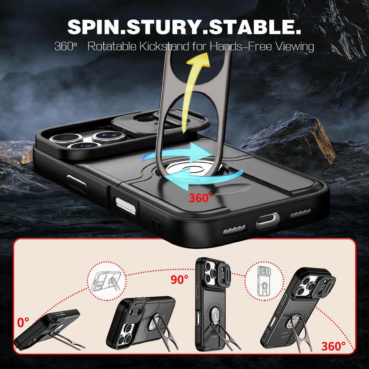 For iPhone 17 Pro Sliding Camera Cover 2 in 1 Rotating Holder Air Bag Shockproof Phone Case - Black - EDA009696502B