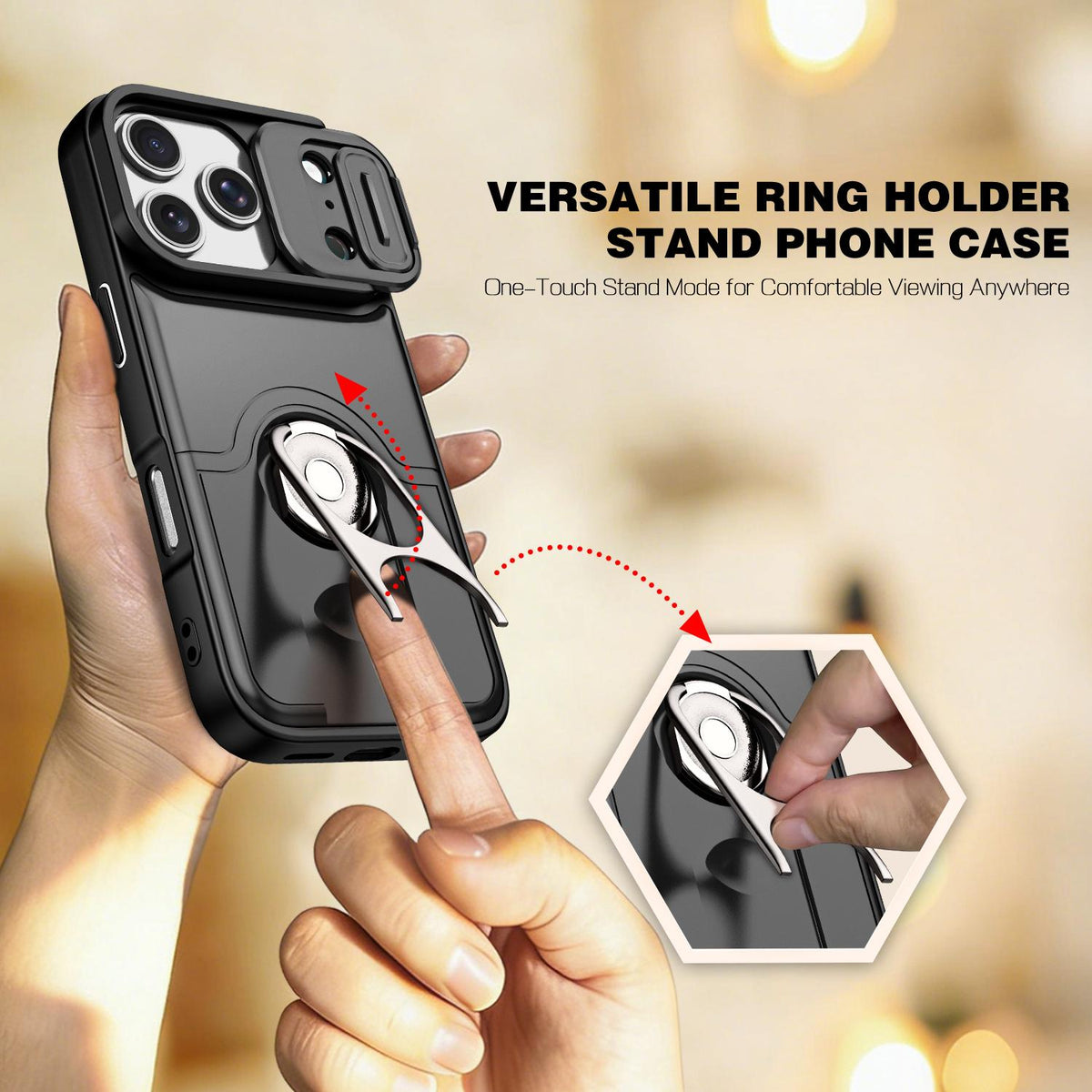For iPhone 17 Pro Sliding Camera Cover 2 in 1 Rotating Holder Air Bag Shockproof Phone Case - Black - EDA009696502B