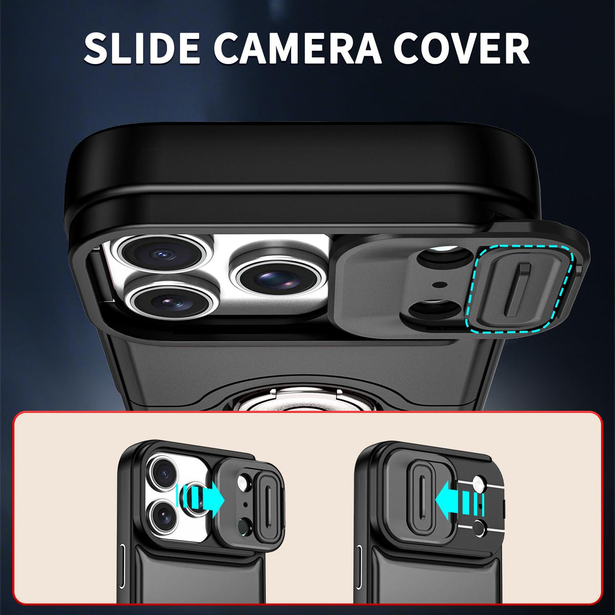 For iPhone 17 Pro Sliding Camera Cover 2 in 1 Rotating Holder Air Bag Shockproof Phone Case - Black - EDA009696502B