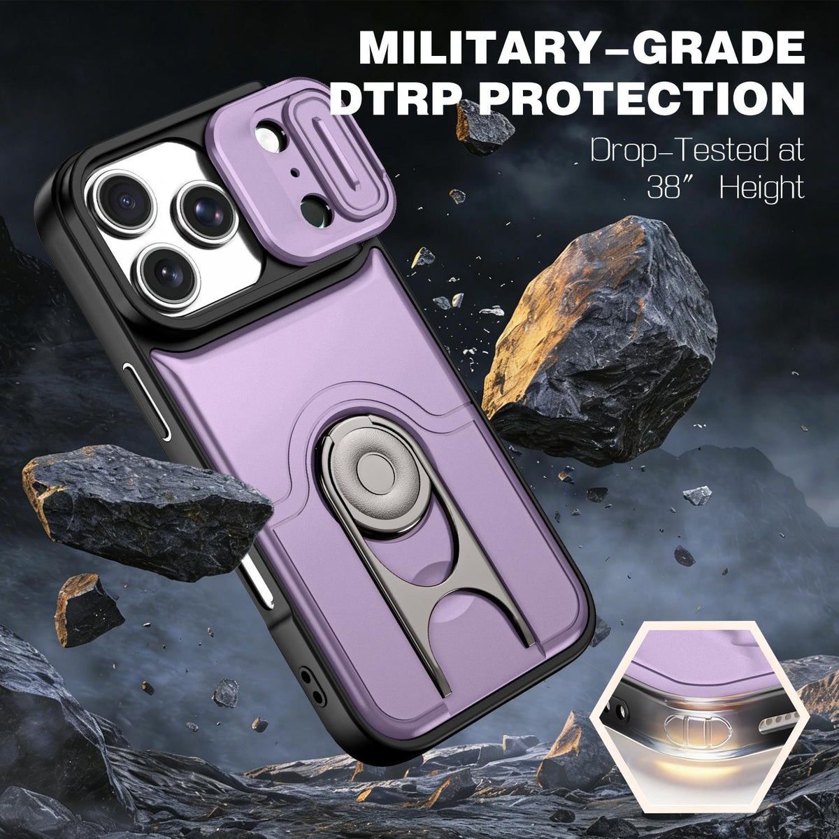 For iPhone 17 Pro Sliding Camera Cover 2 in 1 Rotating Holder Air Bag Shockproof Phone Case - Purple - EDA009696502C