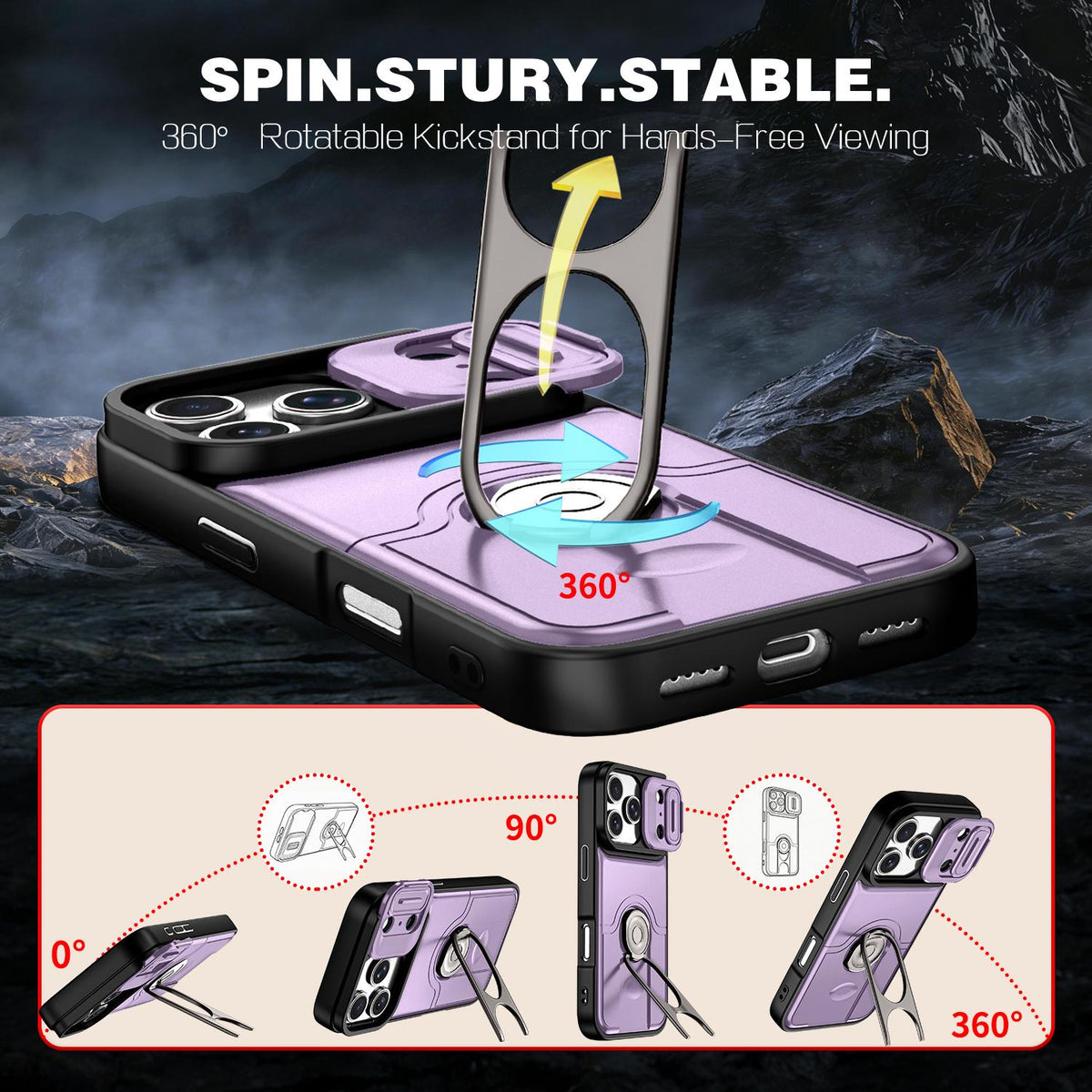 For iPhone 17 Pro Sliding Camera Cover 2 in 1 Rotating Holder Air Bag Shockproof Phone Case - Purple - EDA009696502C
