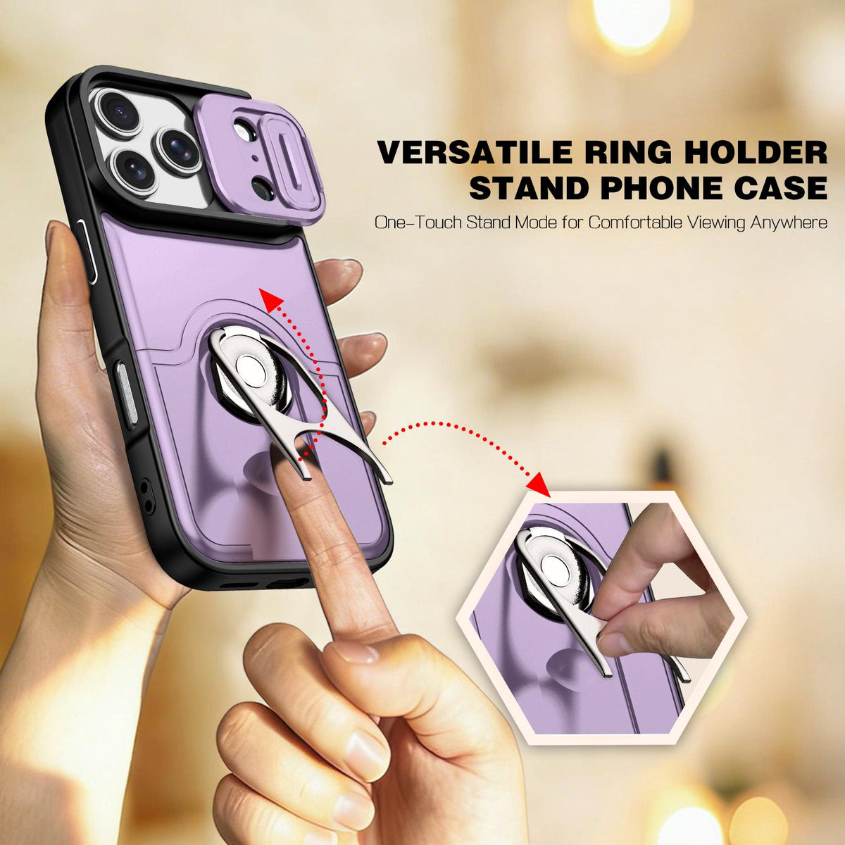 For iPhone 17 Pro Sliding Camera Cover 2 in 1 Rotating Holder Air Bag Shockproof Phone Case - Purple - EDA009696502C