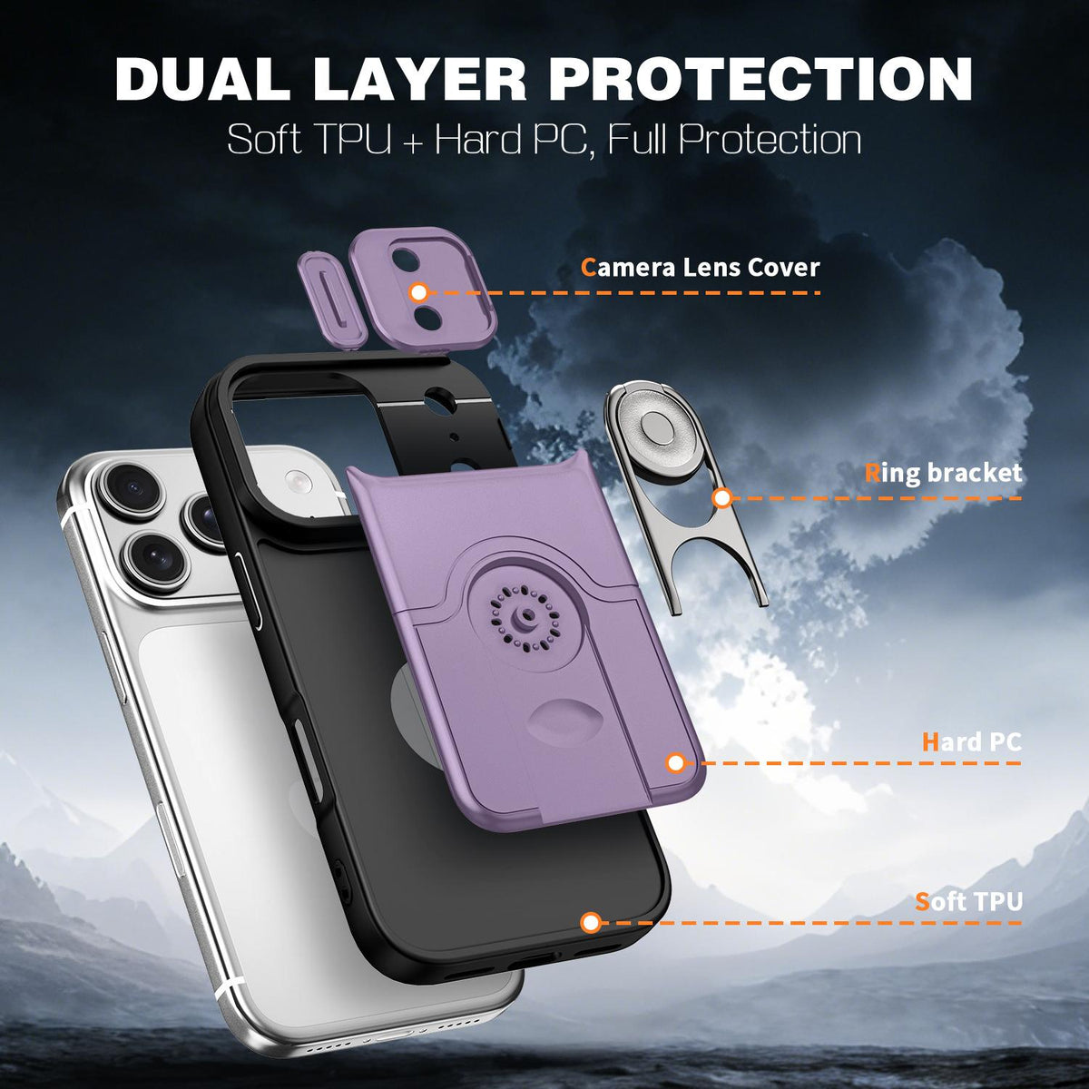 For iPhone 17 Pro Sliding Camera Cover 2 in 1 Rotating Holder Air Bag Shockproof Phone Case - Purple - EDA009696502C