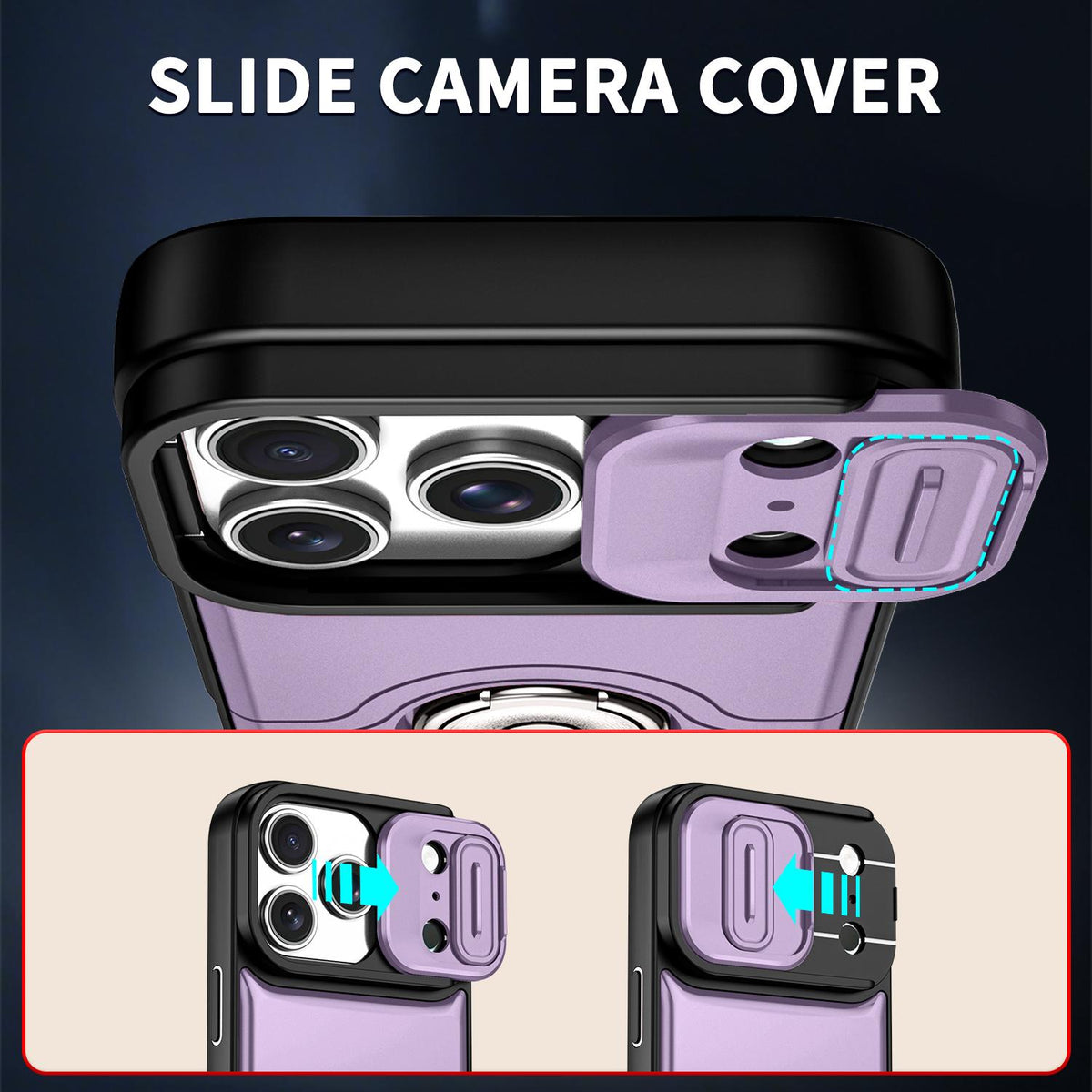 For iPhone 17 Pro Sliding Camera Cover 2 in 1 Rotating Holder Air Bag Shockproof Phone Case - Purple - EDA009696502C