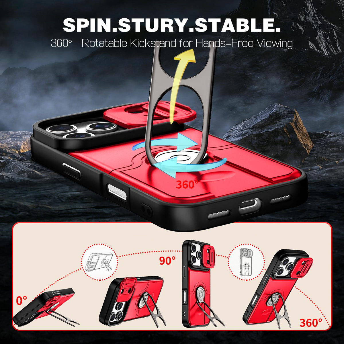 For iPhone 17 Pro Sliding Camera Cover 2 in 1 Rotating Holder Air Bag Shockproof Phone Case - Red - EDA009696502D