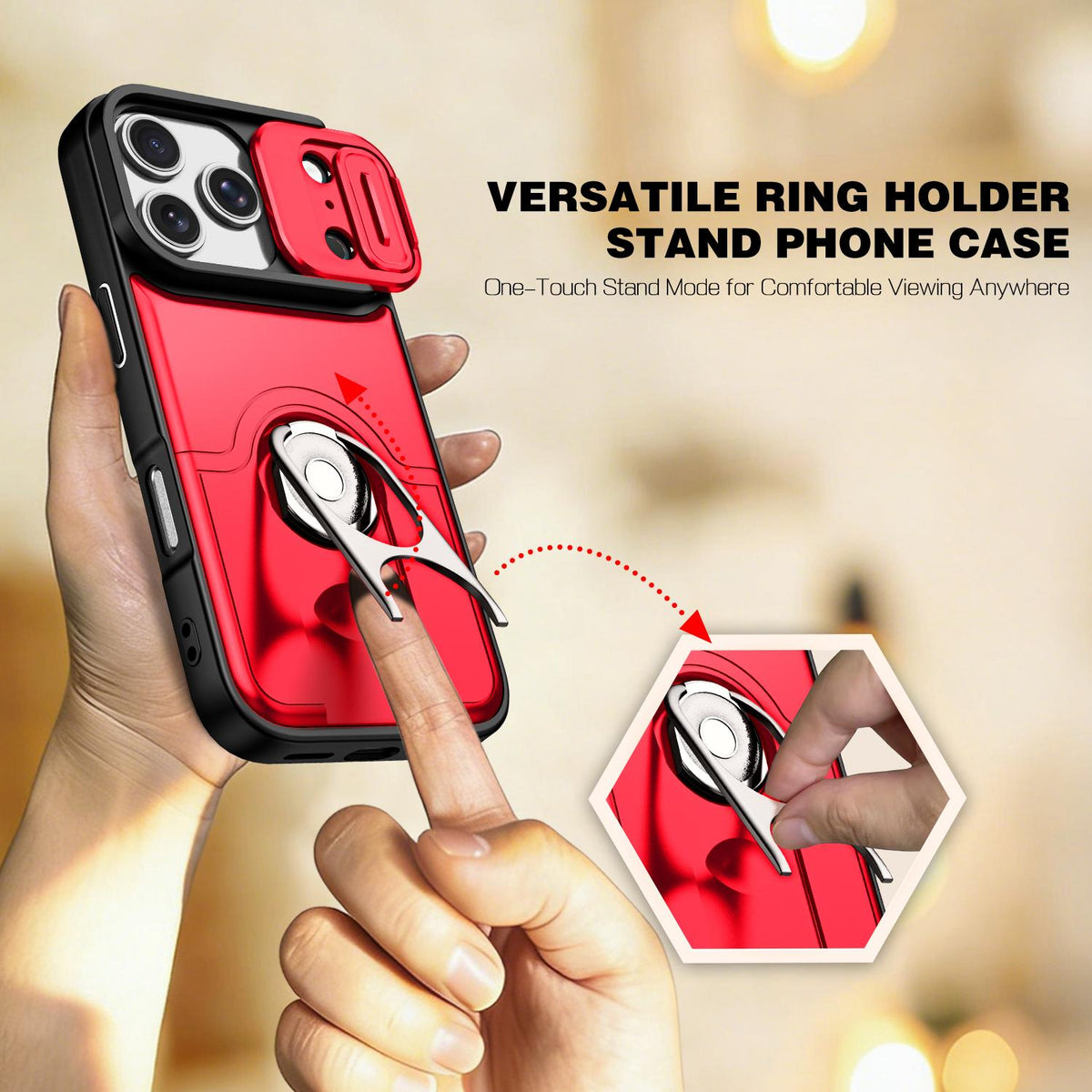 For iPhone 17 Pro Sliding Camera Cover 2 in 1 Rotating Holder Air Bag Shockproof Phone Case - Red - EDA009696502D