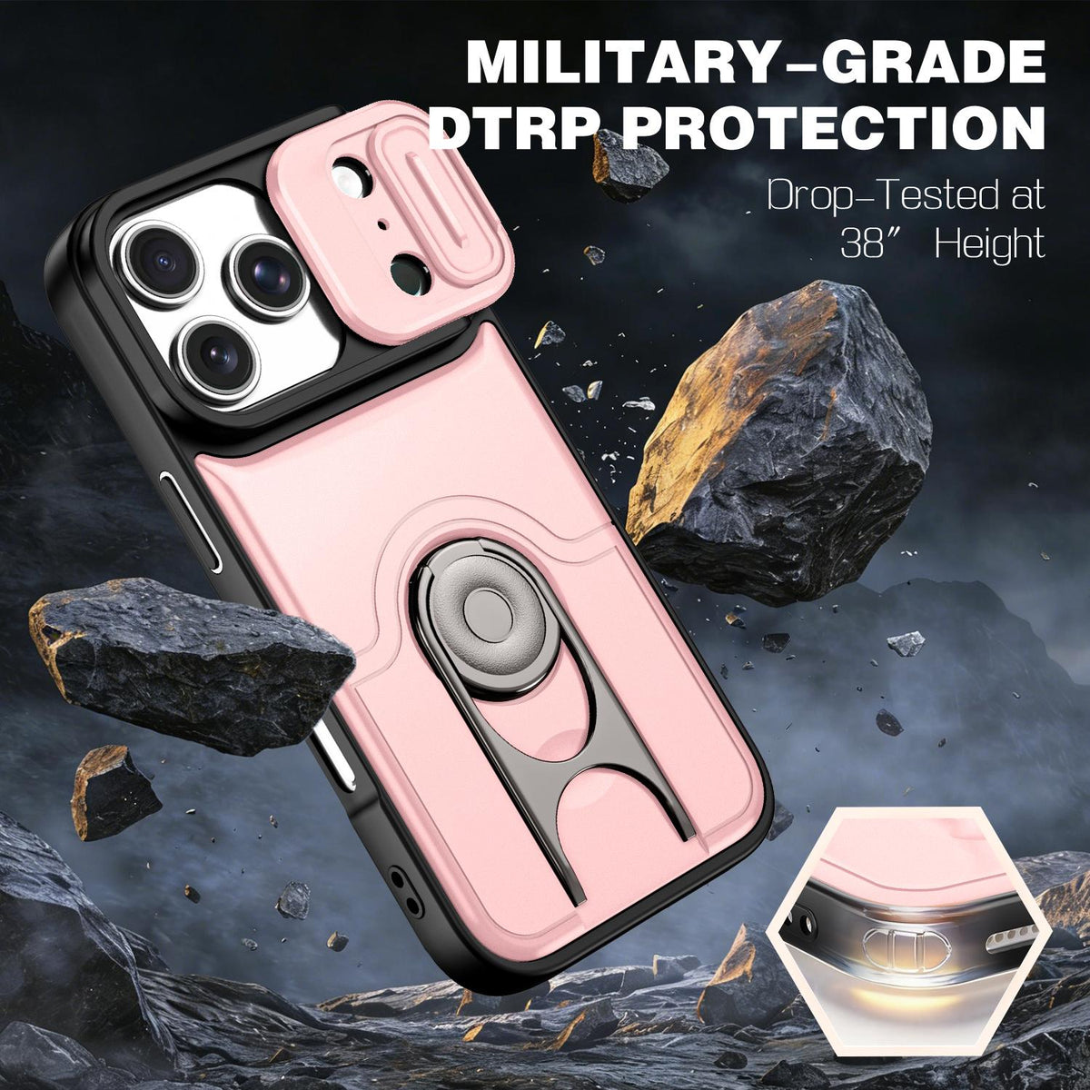 For iPhone 17 Pro Sliding Camera Cover 2 in 1 Rotating Holder Air Bag Shockproof Phone Case - Pink - EDA009696502E