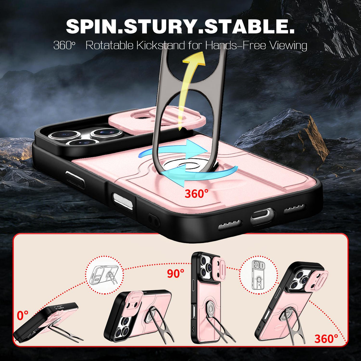 For iPhone 17 Pro Sliding Camera Cover 2 in 1 Rotating Holder Air Bag Shockproof Phone Case - Pink - EDA009696502E