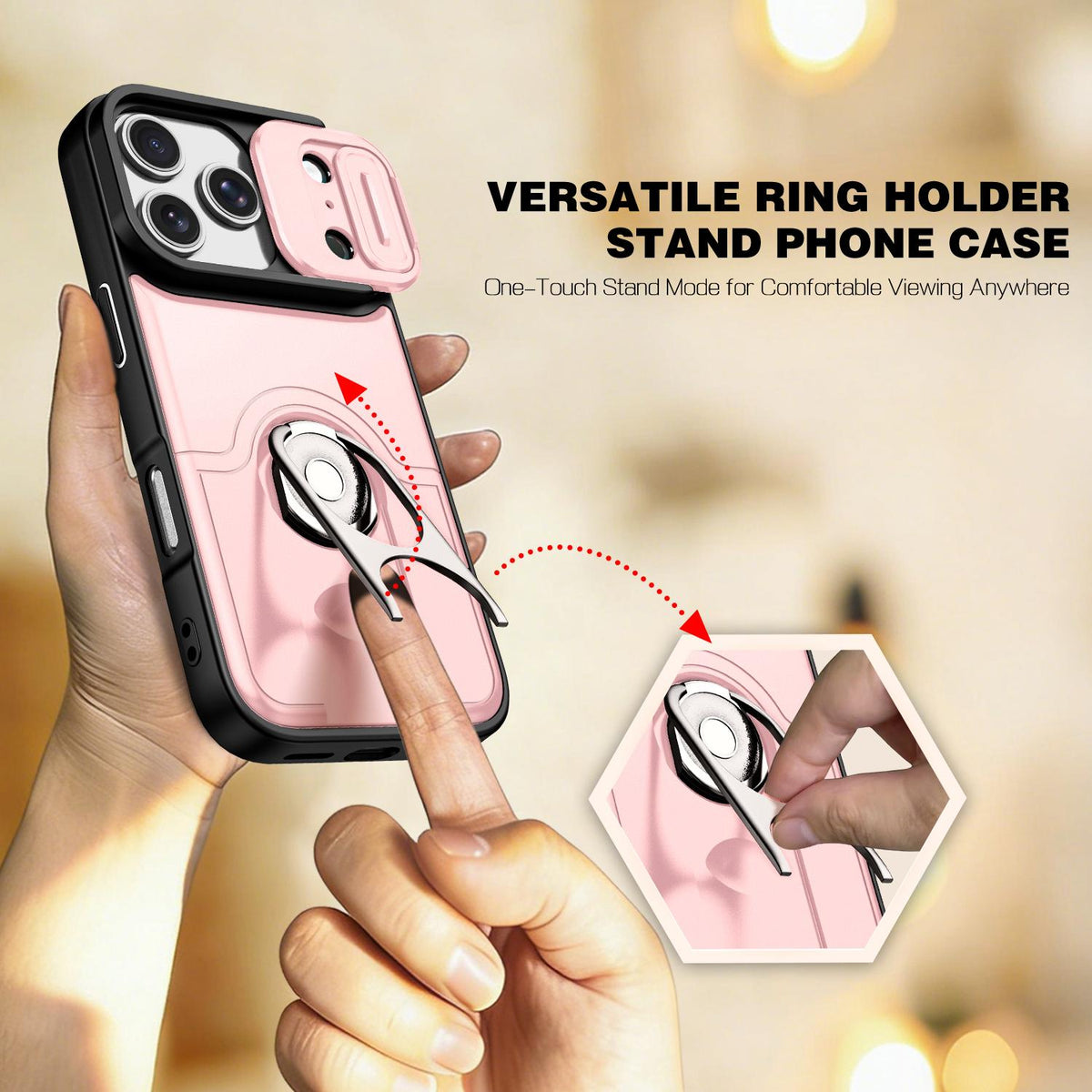 For iPhone 17 Pro Sliding Camera Cover 2 in 1 Rotating Holder Air Bag Shockproof Phone Case - Pink - EDA009696502E