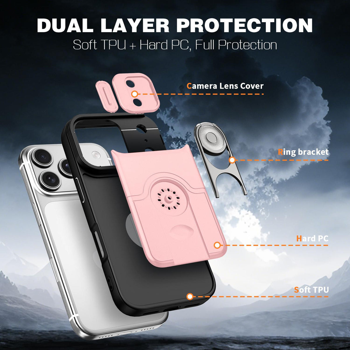 For iPhone 17 Pro Sliding Camera Cover 2 in 1 Rotating Holder Air Bag Shockproof Phone Case - Pink - EDA009696502E