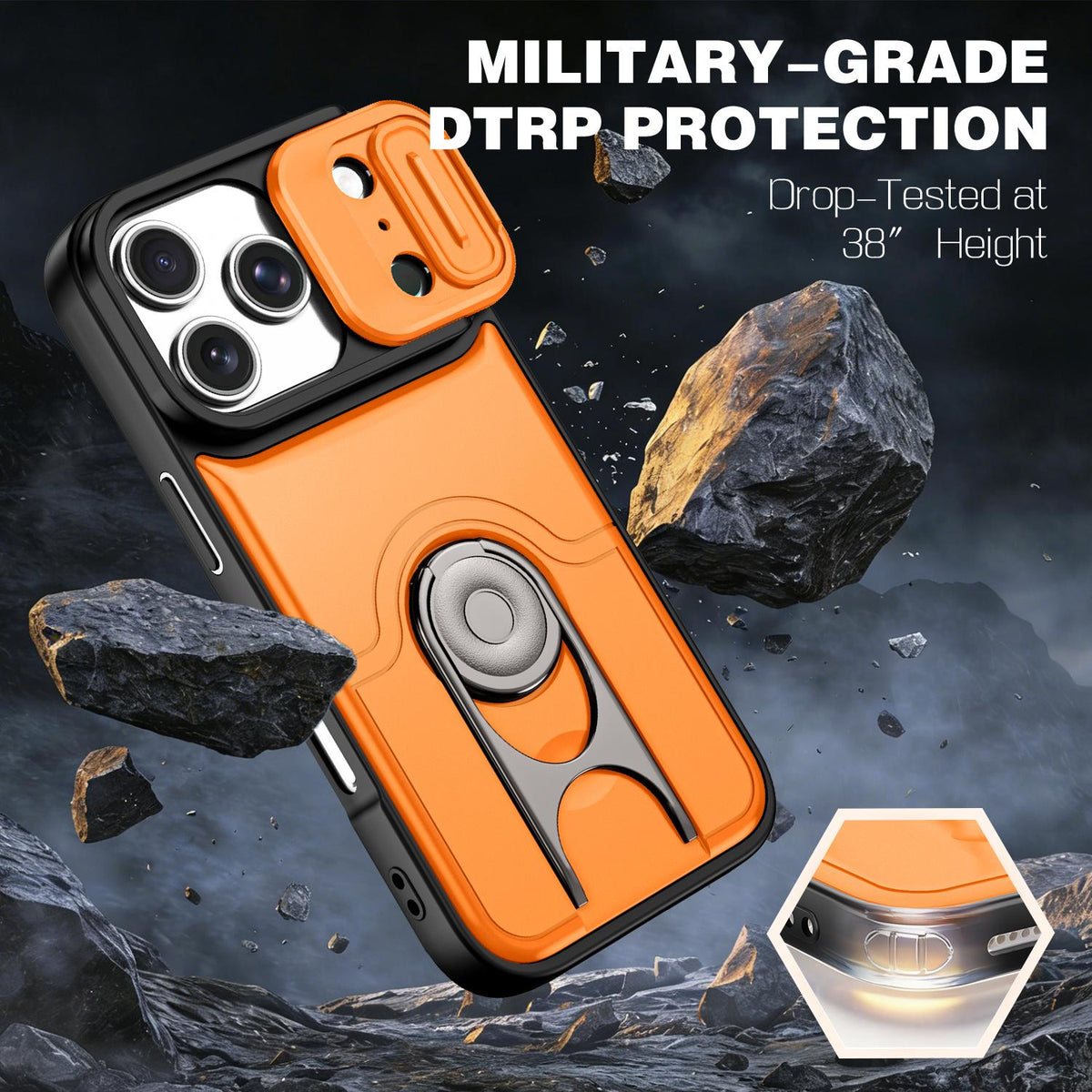 For iPhone 17 Pro Sliding Camera Cover 2 in 1 Rotating Holder Air Bag Shockproof Phone Case - Orange - EDA009696502F