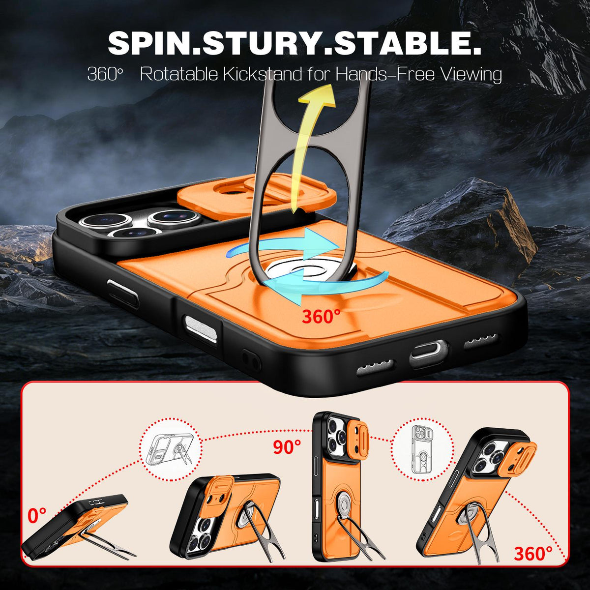 For iPhone 17 Pro Sliding Camera Cover 2 in 1 Rotating Holder Air Bag Shockproof Phone Case - Orange - EDA009696502F