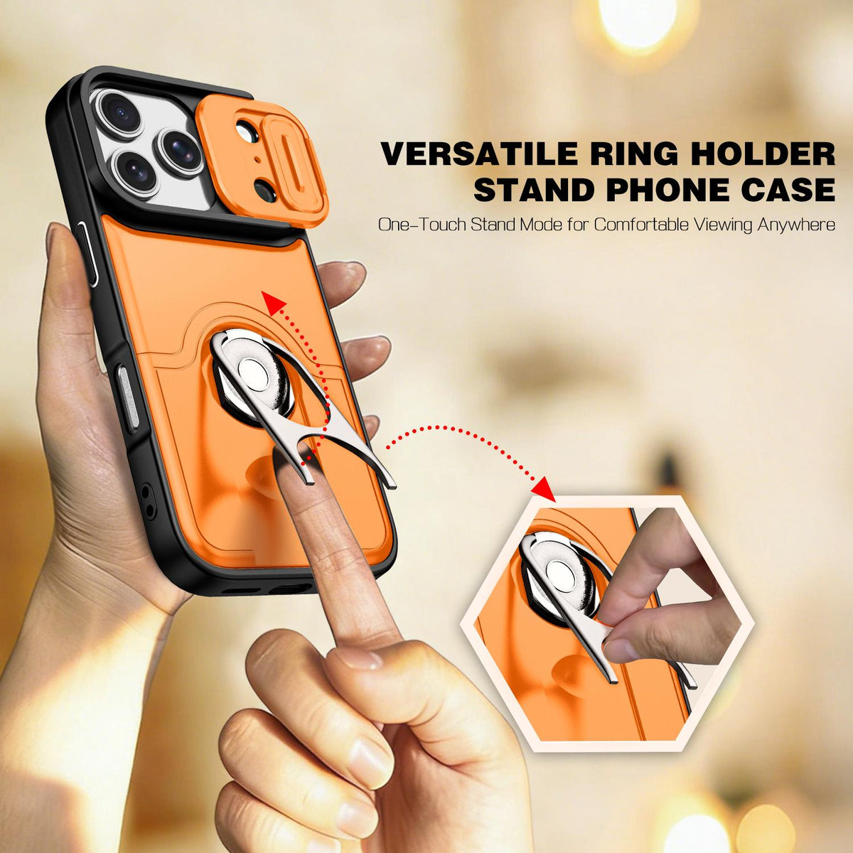 For iPhone 17 Pro Sliding Camera Cover 2 in 1 Rotating Holder Air Bag Shockproof Phone Case - Orange - EDA009696502F