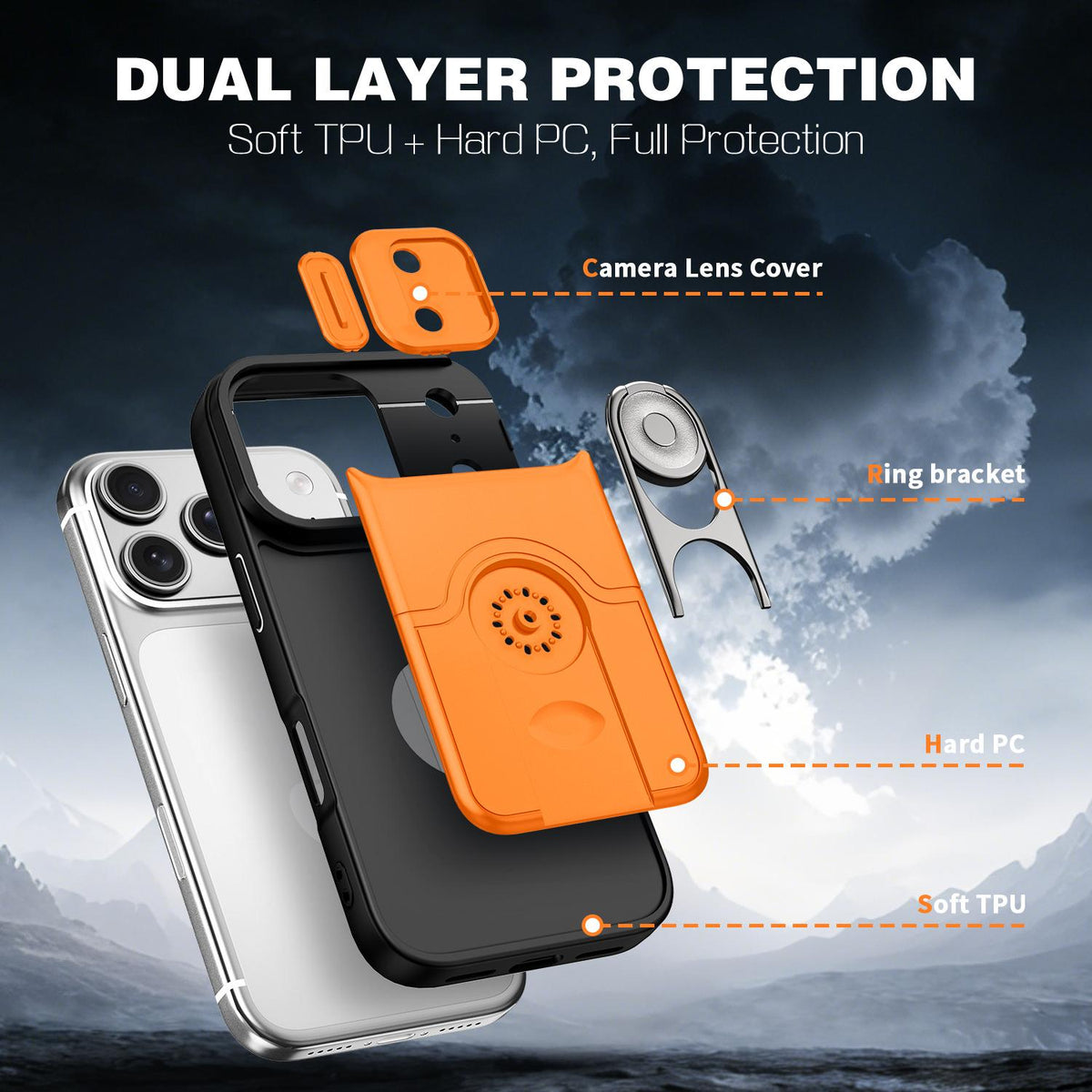For iPhone 17 Pro Sliding Camera Cover 2 in 1 Rotating Holder Air Bag Shockproof Phone Case - Orange - EDA009696502F