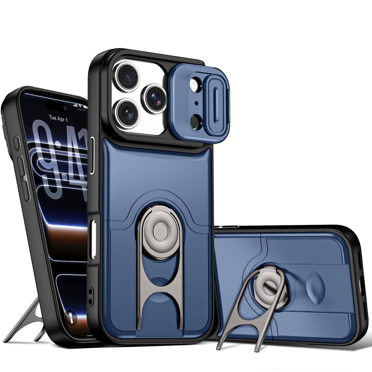 For iPhone 17 Pro Sliding Camera Cover 2 in 1 Rotating Holder Air Bag Shockproof Phone Case - Blue - EDA009696502G