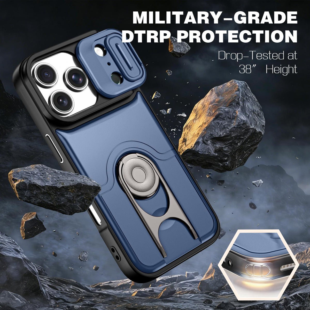 For iPhone 17 Pro Sliding Camera Cover 2 in 1 Rotating Holder Air Bag Shockproof Phone Case - Blue - EDA009696502G
