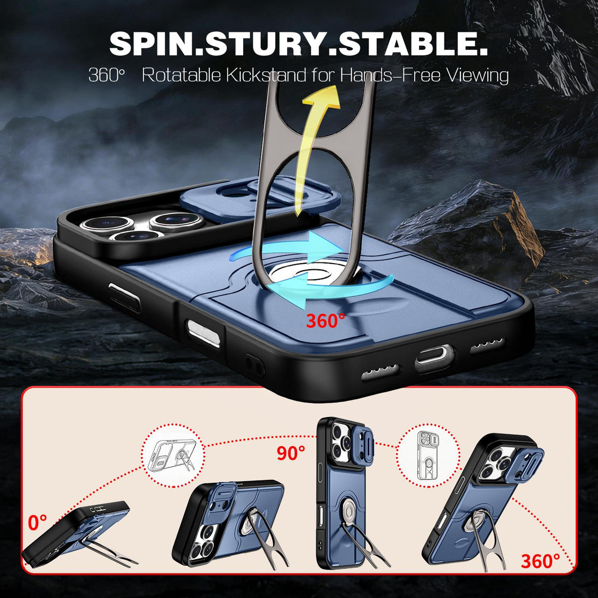 For iPhone 17 Pro Sliding Camera Cover 2 in 1 Rotating Holder Air Bag Shockproof Phone Case - Blue - EDA009696502G