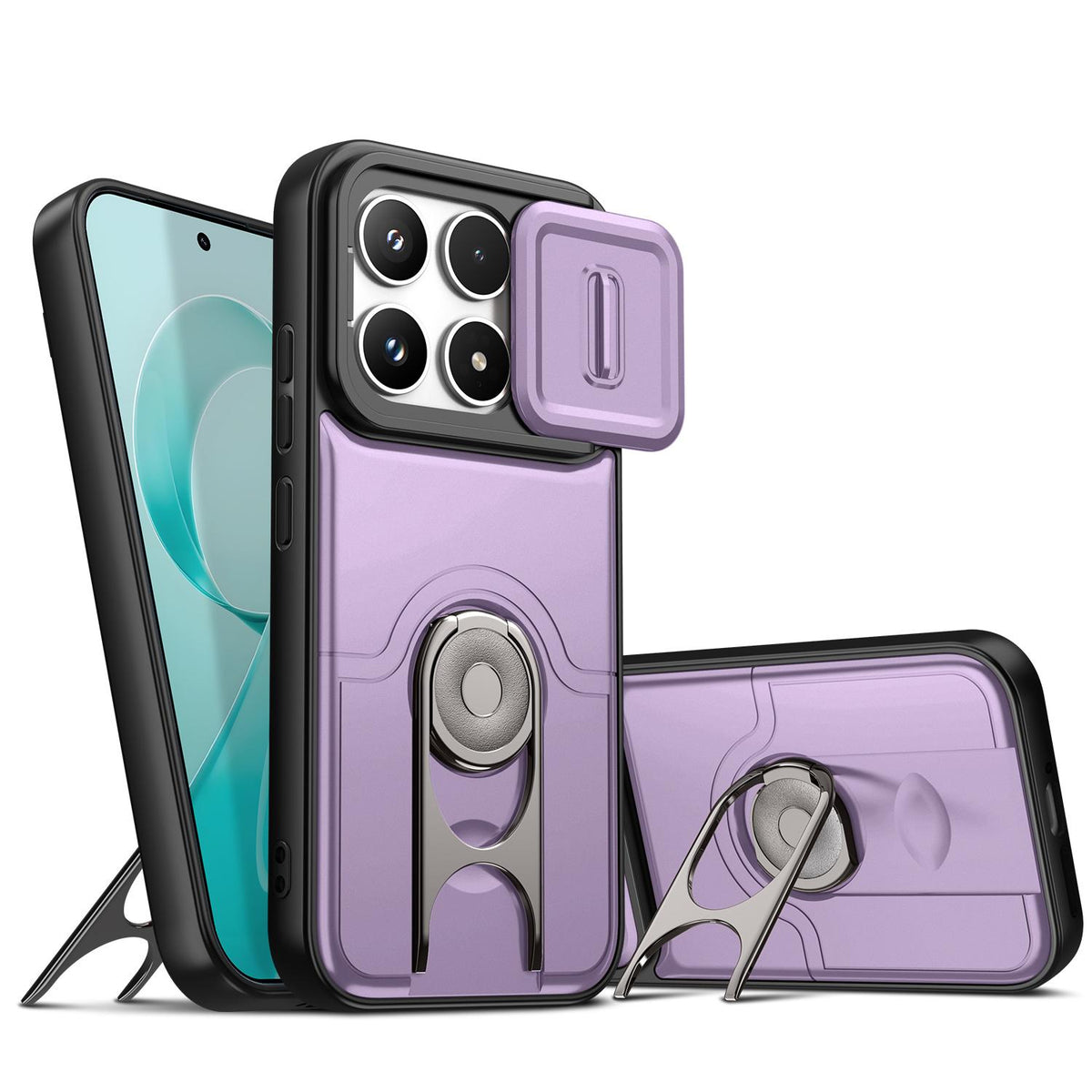 For Redmi K90/Poco F8 Pro 5G Sliding Camera Cover 2 in 1 Rotating Holder Air Bag Shockproof Phone Case - Purple - EDA009696701C