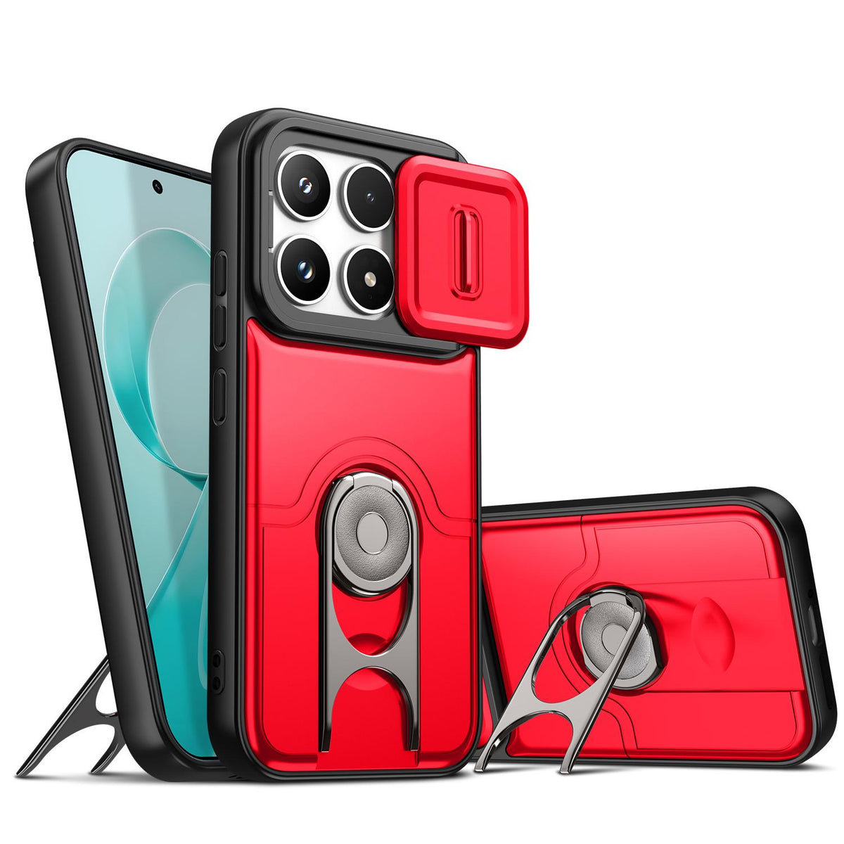 For Redmi K90/Poco F8 Pro 5G Sliding Camera Cover 2 in 1 Rotating Holder Air Bag Shockproof Phone Case - Red - EDA009696701D