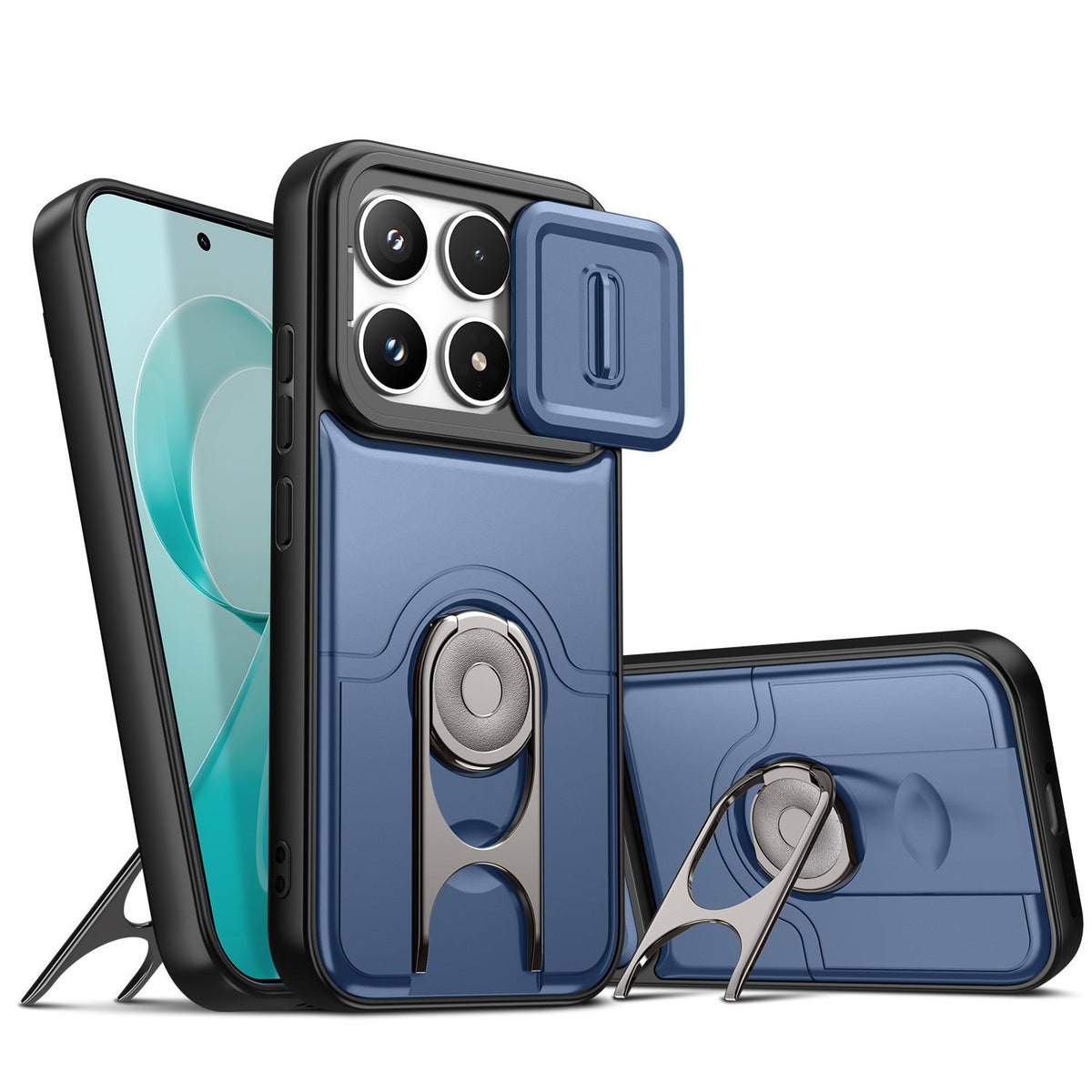 For Redmi K90/Poco F8 Pro 5G Sliding Camera Cover 2 in 1 Rotating Holder Air Bag Shockproof Phone Case - Blue - EDA009696701G