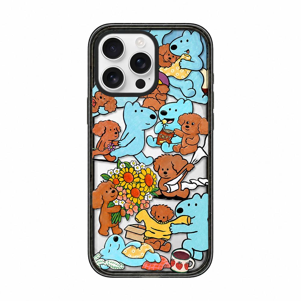 For iPhone 16 Pro Cute Dog Pattern Acrylic TPU Phone Case - Blue Brown Dog Friends - EDA009696806E