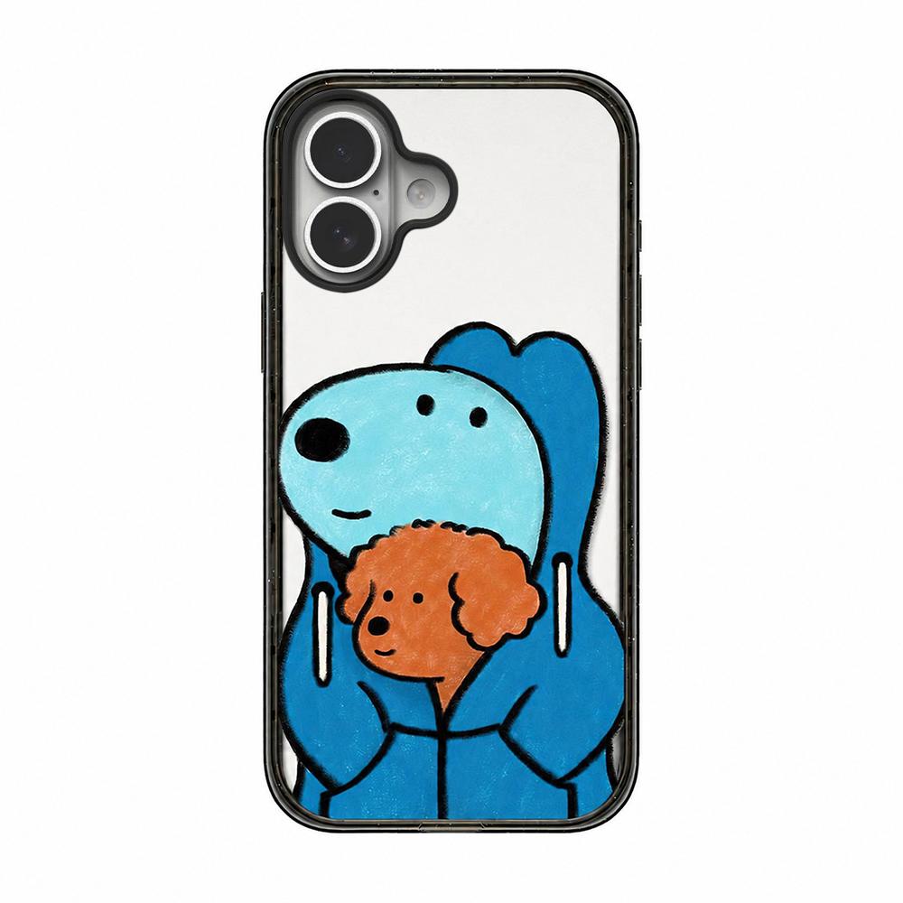 For iPhone 16 Cute Dog Pattern Acrylic TPU Phone Case - Blue Dog Hugging Brown Dog - EDA009696808C