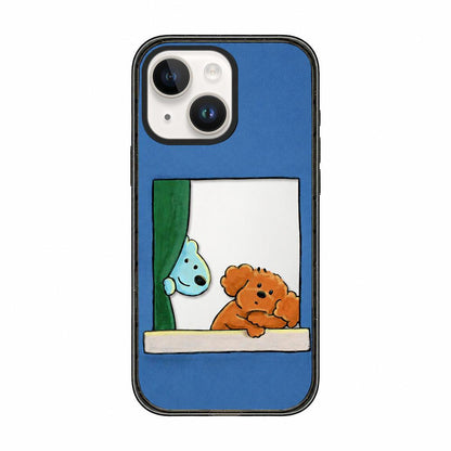 For iPhone 15 Plus Cute Dog Pattern Acrylic TPU Phone Case - Window Blue Dog and Brown Dog - EDA009696811D