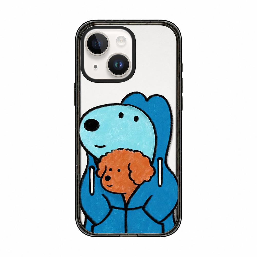 For iPhone 14 Cute Dog Pattern Acrylic TPU Phone Case - Blue Dog Hugging Brown Dog - EDA009696814C