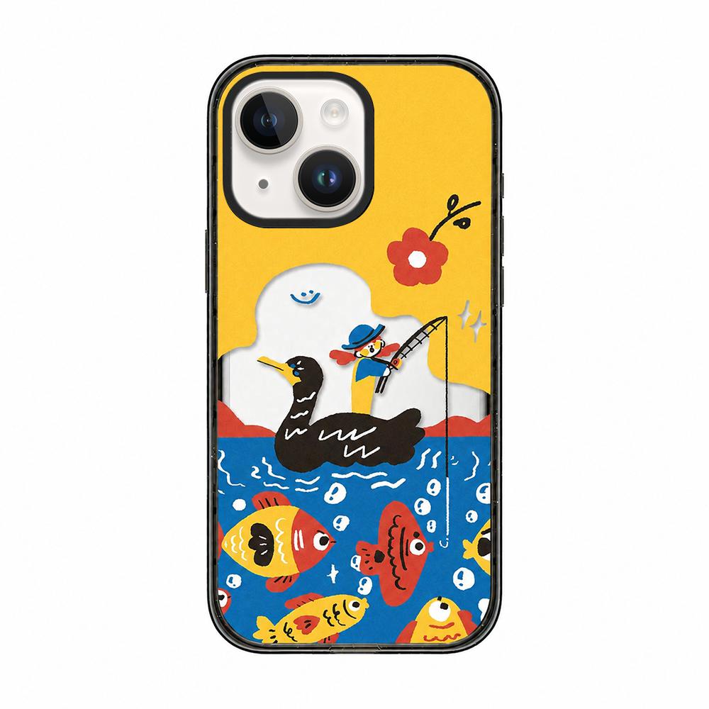 For iPhone 14 Little Red Flower Cartoon Pattern Acrylic TPU Phone Case - Fishing Black Swan - EDA009697314D