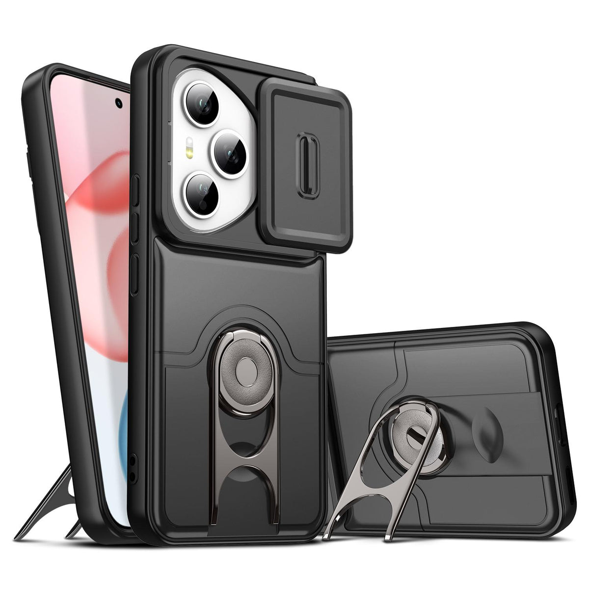 For Honor 400 Pro Global 160.8mm Sliding Camera Cover 2 in 1 Rotating Holder Air Bag Shockproof Phone Case - Black - EDA009697403B