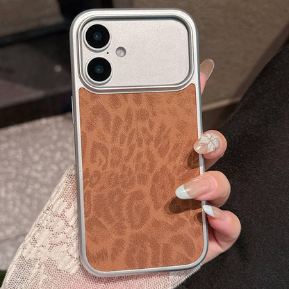 For iPhone 16 Leopard Print Electroplated Large Window Phone Case - Brown - EDA009697706C