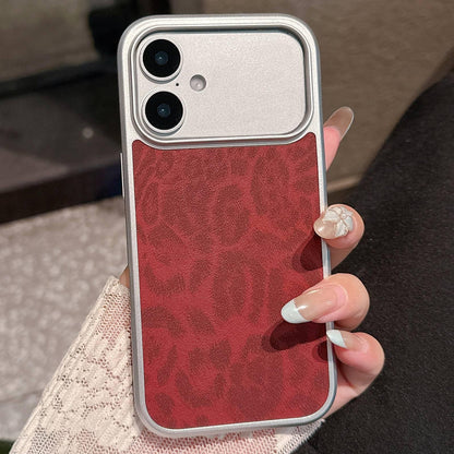For iPhone 16 Leopard Print Electroplated Large Window Phone Case - Dark Red - EDA009697706F