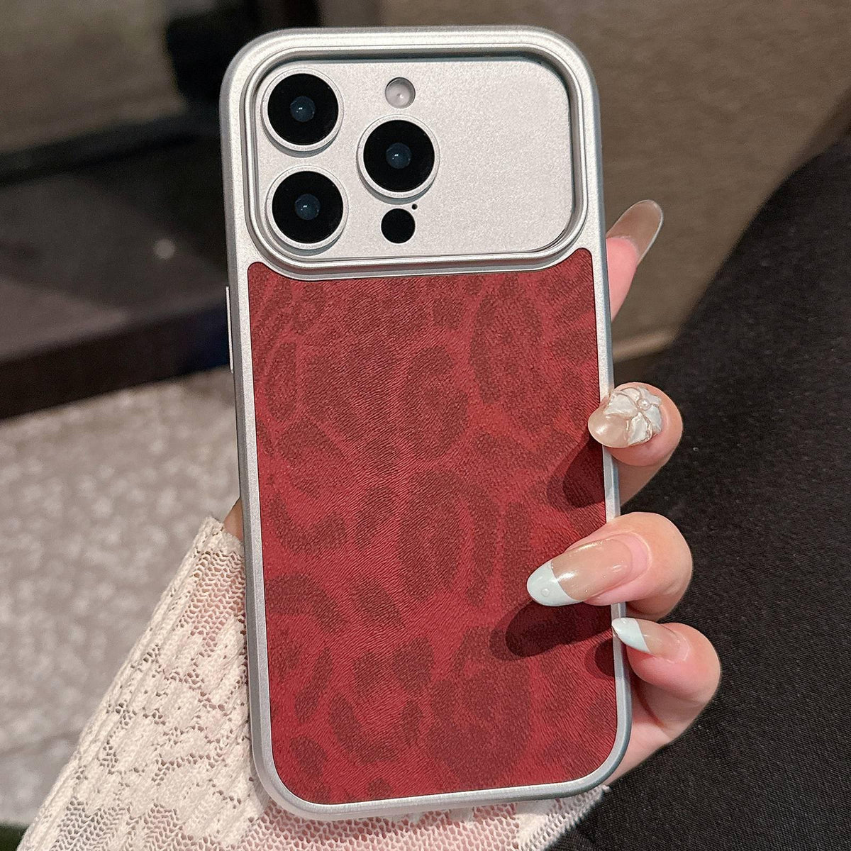 For iPhone 15 Pro Max Leopard Print Electroplated Large Window Phone Case - Dark Red - EDA009697707F